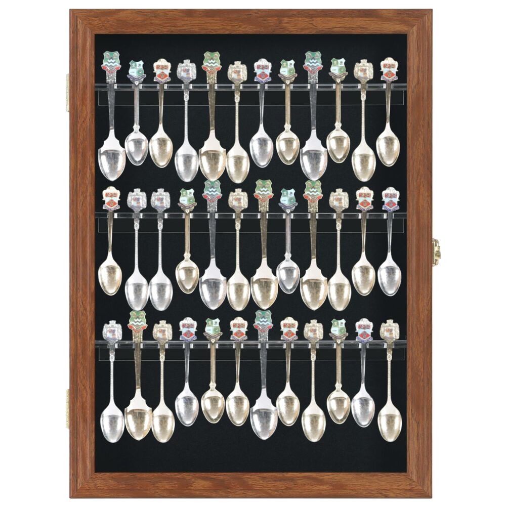 36 Souvenir Tea Spoon Solid Wood Display Case Rack Cabinet with Lockable Door